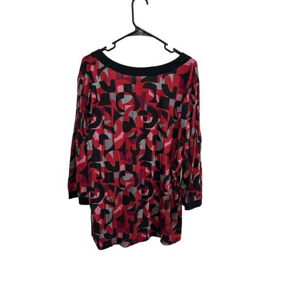 A.N.A A New Approach Geometric 3/4 Sleeve Top Red Black Sz 2X Scoop Neck Pleated - Picture 2 of 10